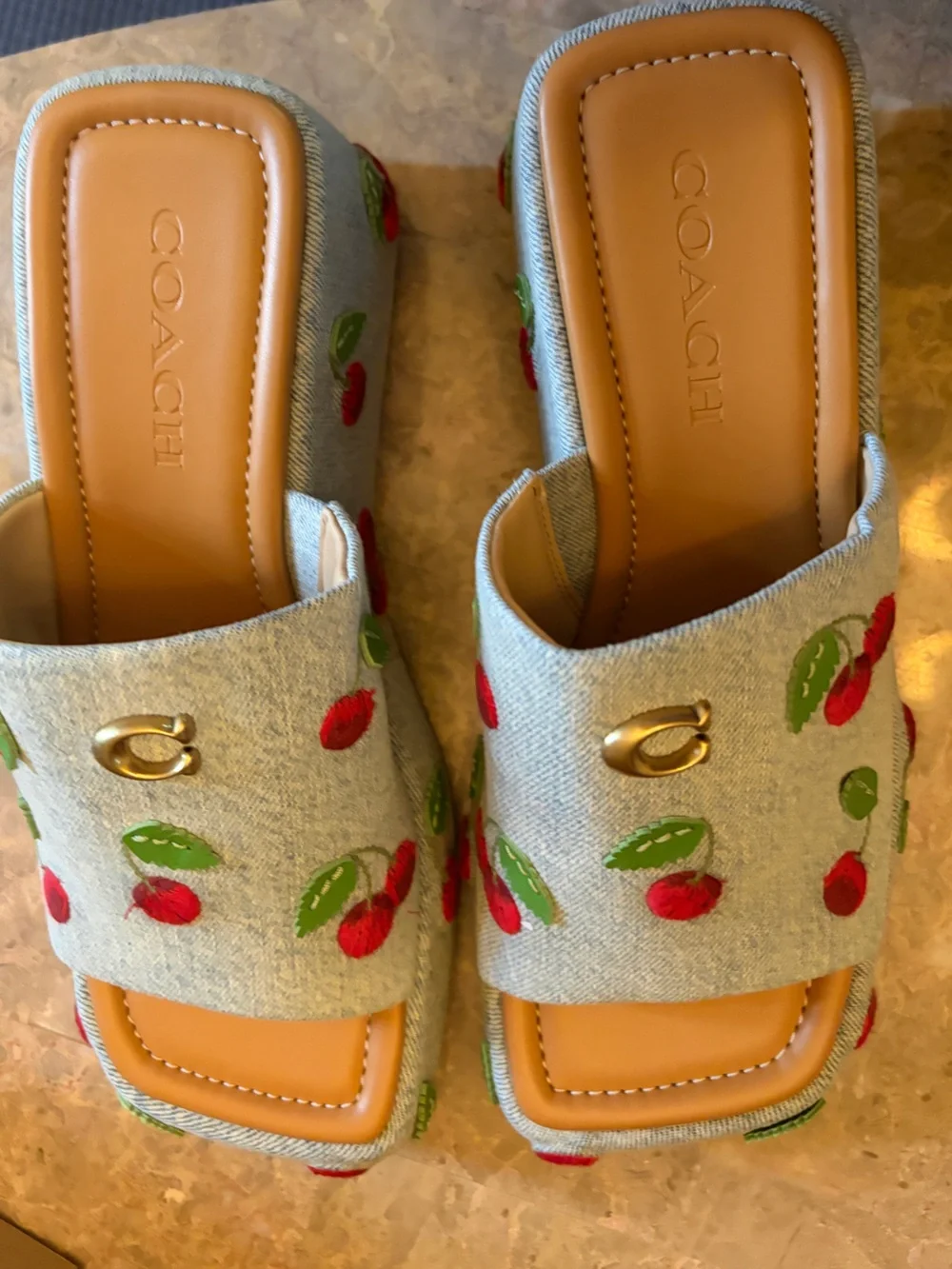 Coach Light Blue Cherry Embroidered Slip-On Mules new with tags - Picture 2 of 10